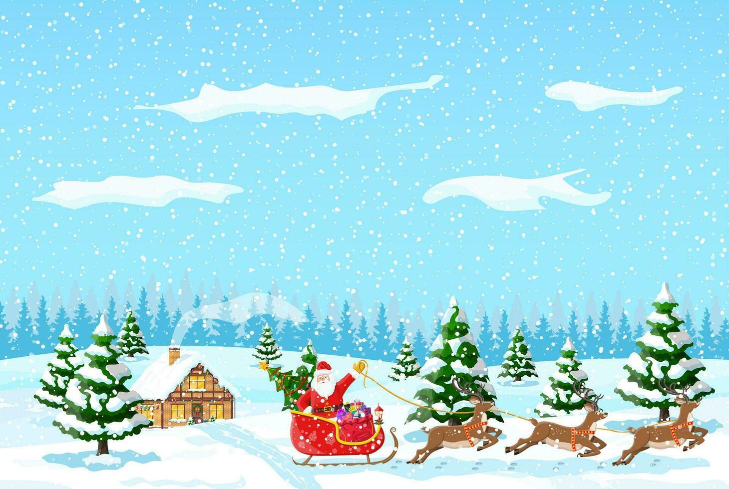 suburbano casa cubierto nieve. edificio en fiesta ornamento. Navidad paisaje árbol, bosque, Papa Noel trineo renos nuevo año decoración. alegre Navidad fiesta Navidad celebracion. vector ilustración