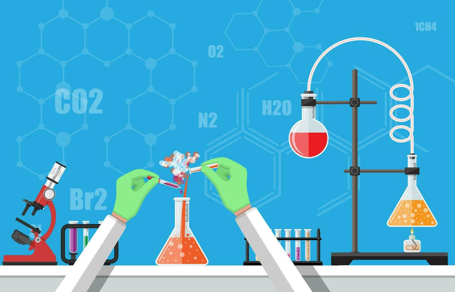 Science Experiment in laboratory. Lboratory equipment, jars, beakers, flasks, microscope, spirit lamp. Biology science education medical vector illustration in flat style