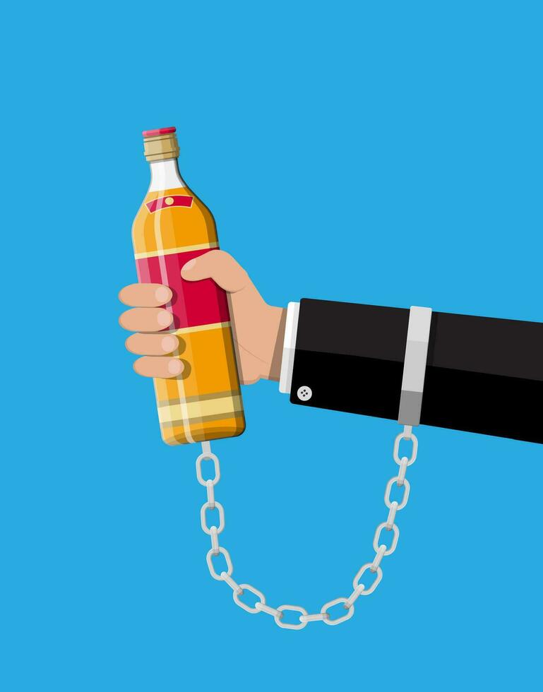 Bottle of whiskey in hand on chain. Alcoholic chained to the bottle of alcohol. Concept of alcohol addicted. Vector illustration in flat style