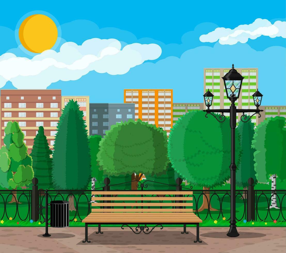 City park concept, wooden bench, street lamp, waste bin in square. Cityscape with buildings and trees. Sky with clouds and sun. Leisure time in summer city park. Vector illustration in flat style