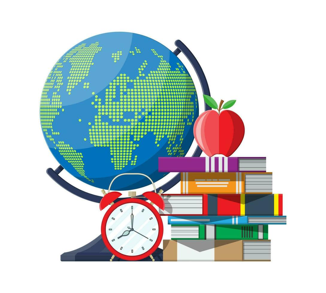 Red apple on pile of books, alarm clocks and globe with world map. Education and study learning concept. Back to school. Vector illustration in flat style