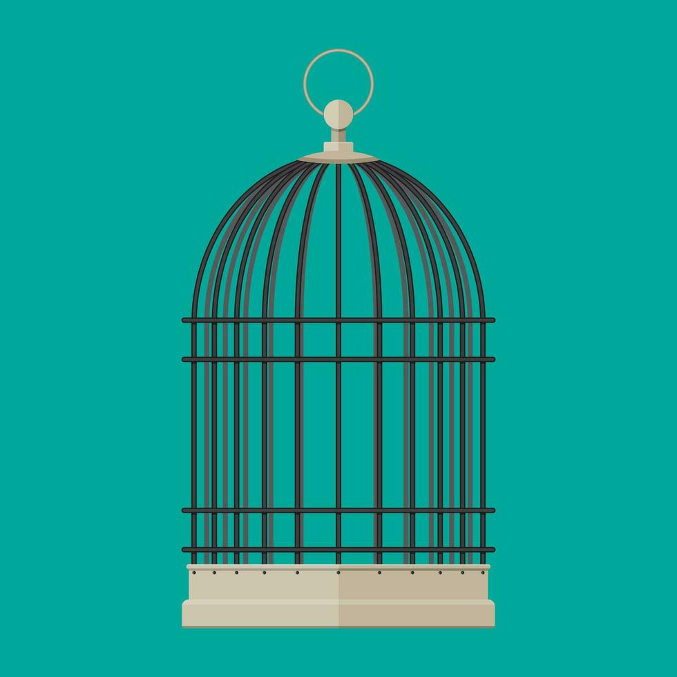 Pet bird cylindrical metal cage. Vector illustration in flat style
