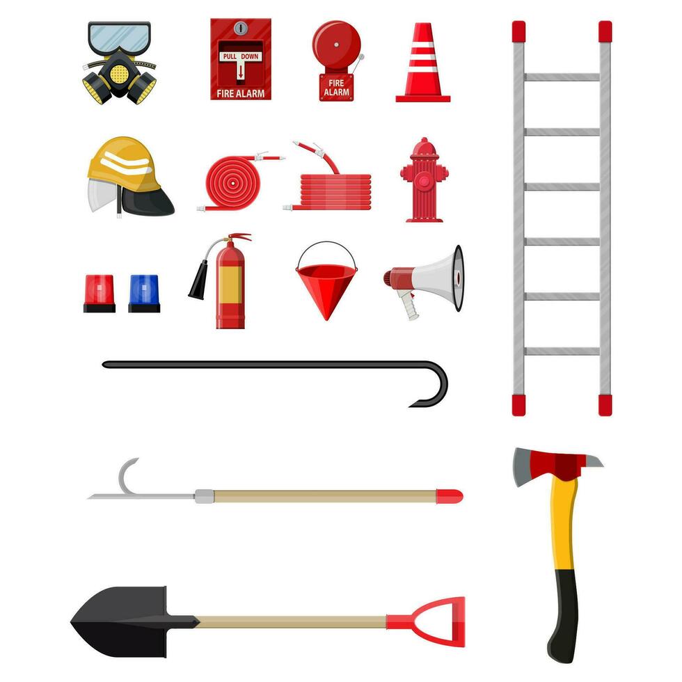 Firefighting set. Fire protection equipment. Vector illustration in flat style