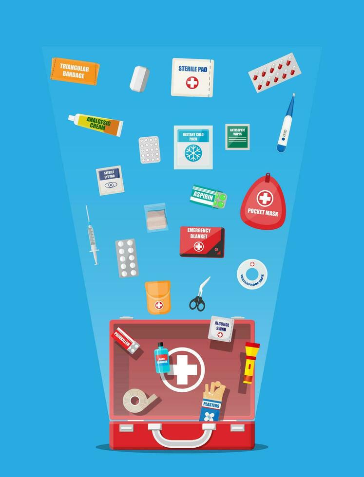 First aid kit with medical equipment and medications. Bag for medicine. Healthcare, hospital and medical diagnostics. Urgency and emergency services. Vector illustration in flat style