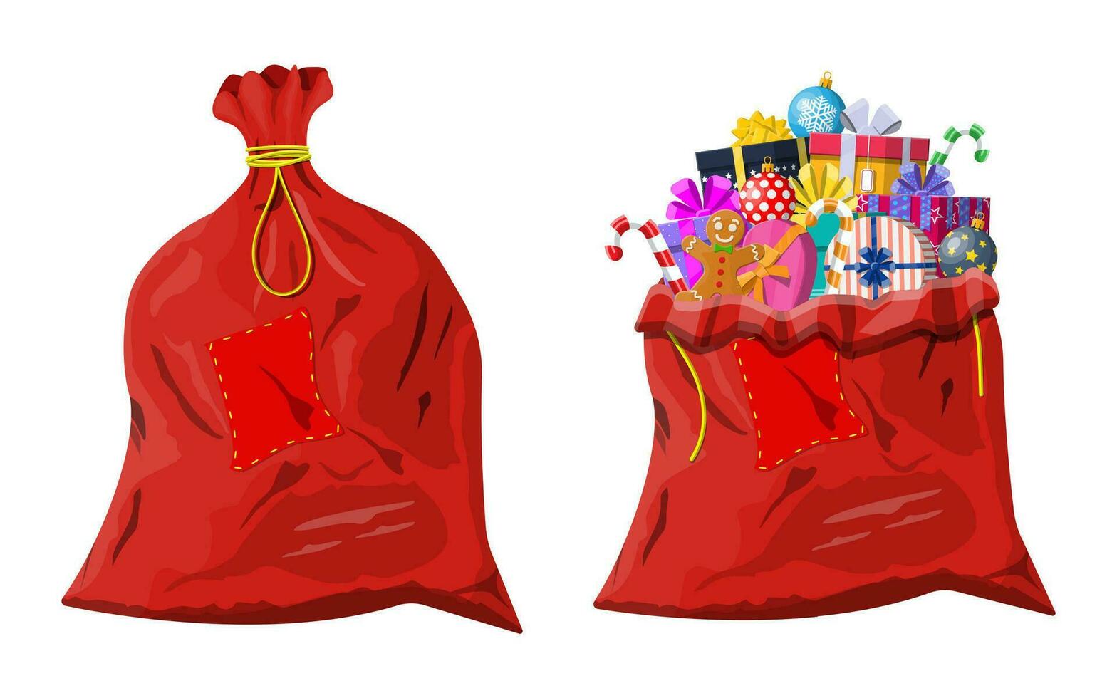 Xmas red closed and open bag. Gift boxes in cloth bag. Colorful wrapped. Present boxes different sizes with bows and ribbons. Christmas and new year decoration. Vector illustration flat style