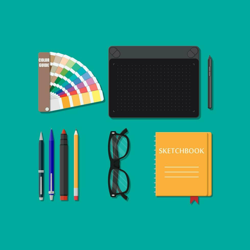 Drawing tools isolated, equipment for designer, working place of artist. Glasses, sketchbook, graphic tablet, pantone, pen pencil marker. Vector illustration in flat style