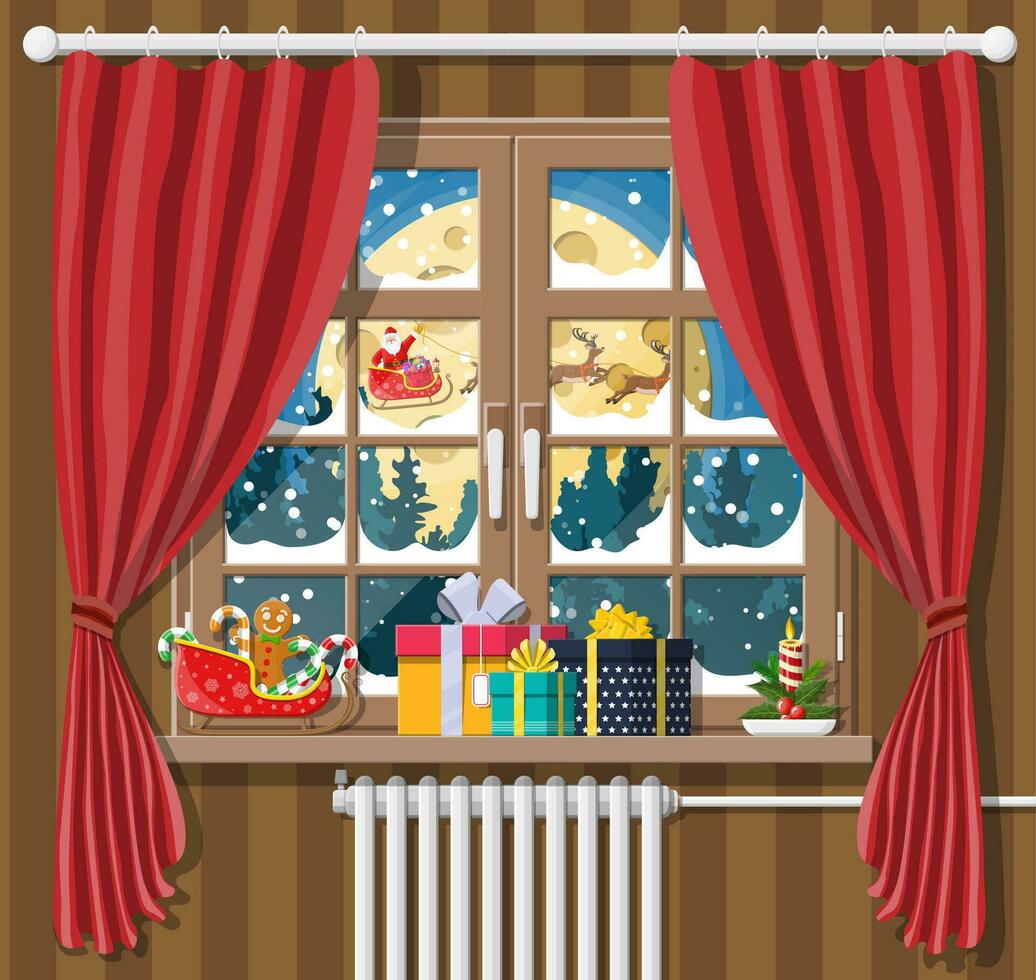 Papa Noel claus y su reno en ventana. interior de habitación con regalos. contento nuevo año decoración. alegre Navidad día festivo. nuevo año y Navidad celebracion. vector ilustración plano estilo