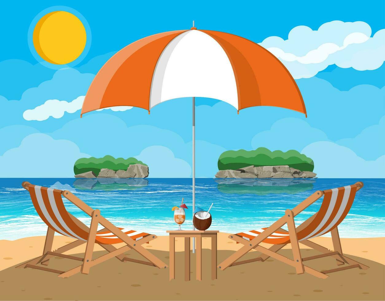 Landscape of wooden chaise lounge, umbrella, table with coconut and cocktail on beach. Sun with reflection in water and clouds. Day in tropical place. Vector illustration in flat style