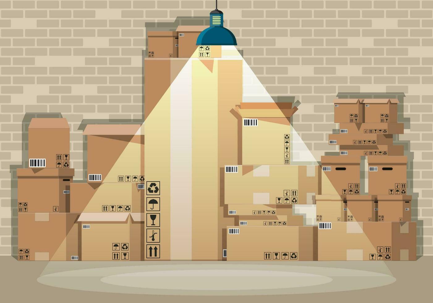 Pile cardboard boxes set in warehouse. Carton delivery packaging open and closed box with fragile signs. Brick wall and lamp. Vector illustration in flat style