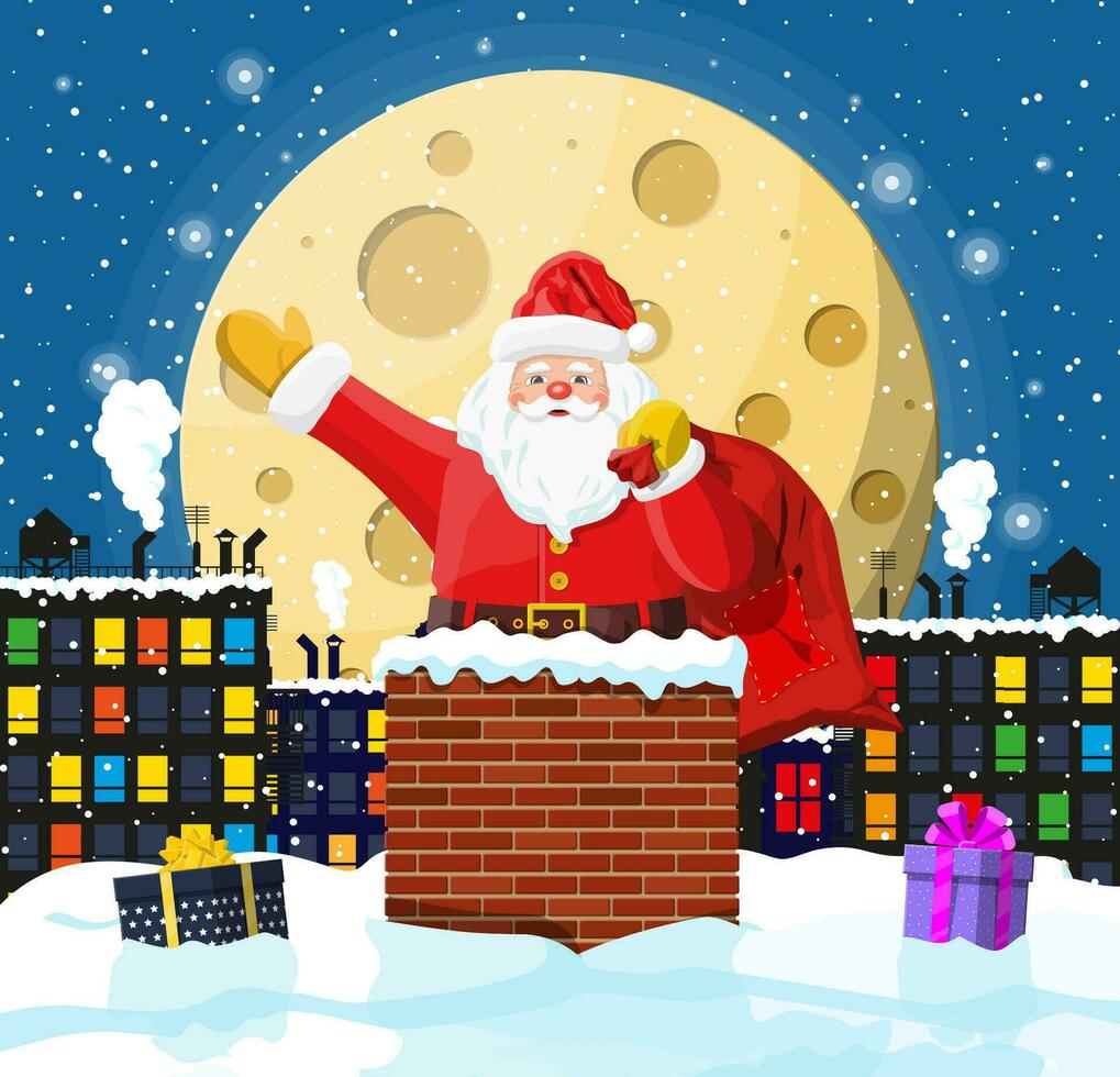 Santa claus with bag with gifts in house chimney, gift boxes in snow. Happy new year decoration. Merry christmas eve holiday. New year and xmas celebration. Vector illustration in flat style