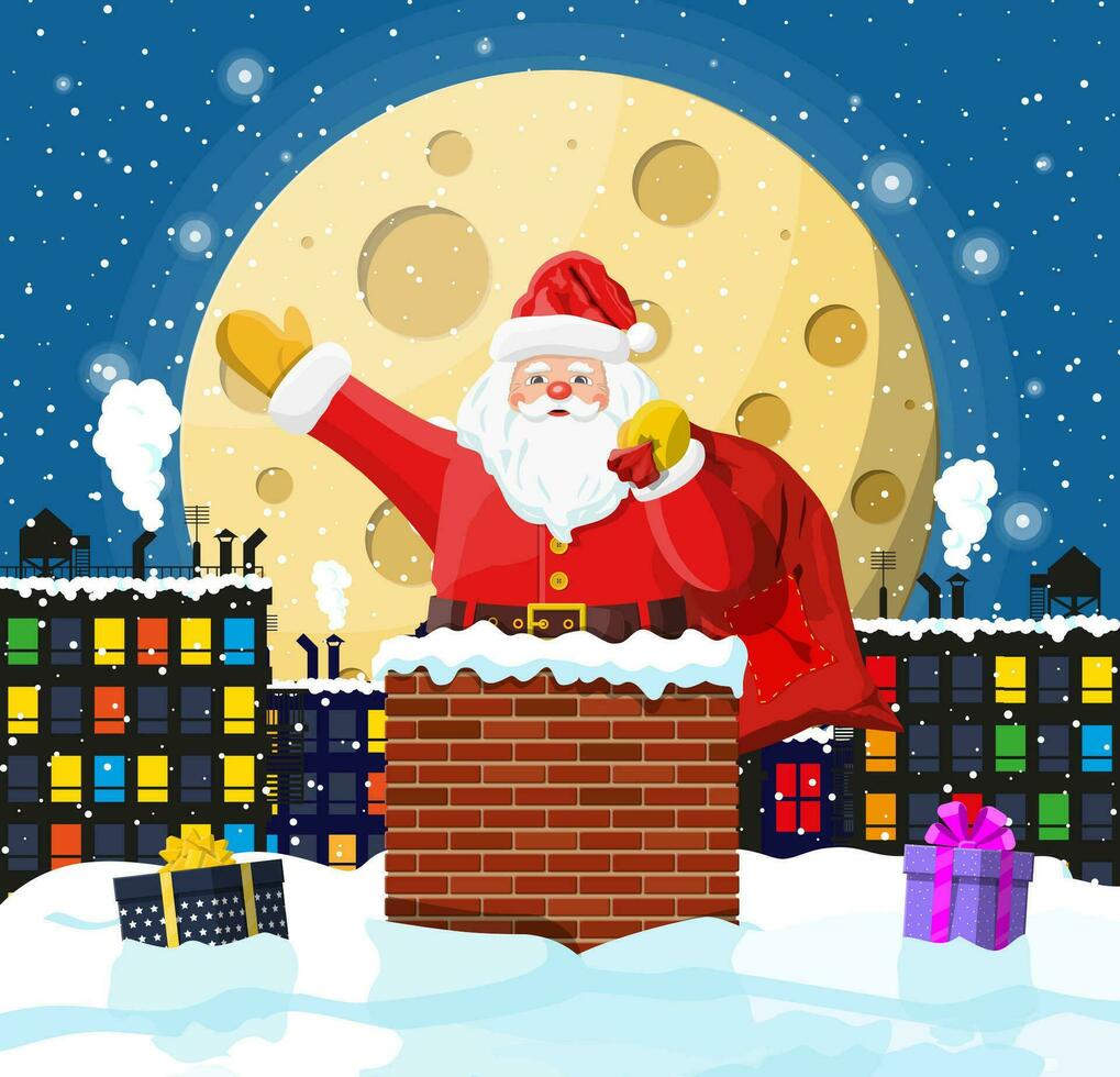 Papa Noel claus con bolso con regalos en casa Chimenea, regalo cajas en nieve. contento nuevo año decoración. alegre Navidad víspera día festivo. nuevo año y Navidad celebracion. vector ilustración en plano estilo