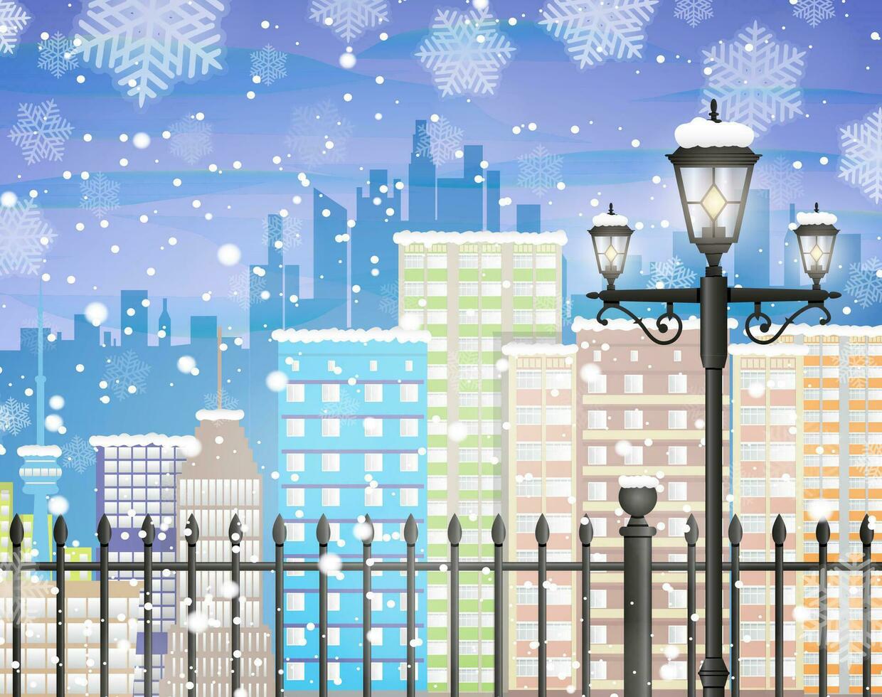 Winter background with city scape silhouette, iron fence, street lamp, snow and snowflakes, template for greeting or postal card new year, vector illustration