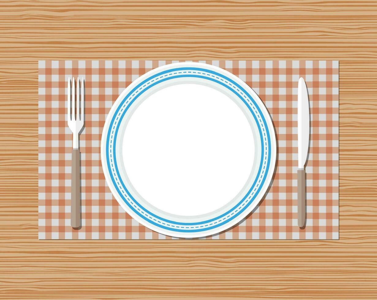Knife, fork and empty plate on red checked cloth on wooden desk. vector illustration in flat style