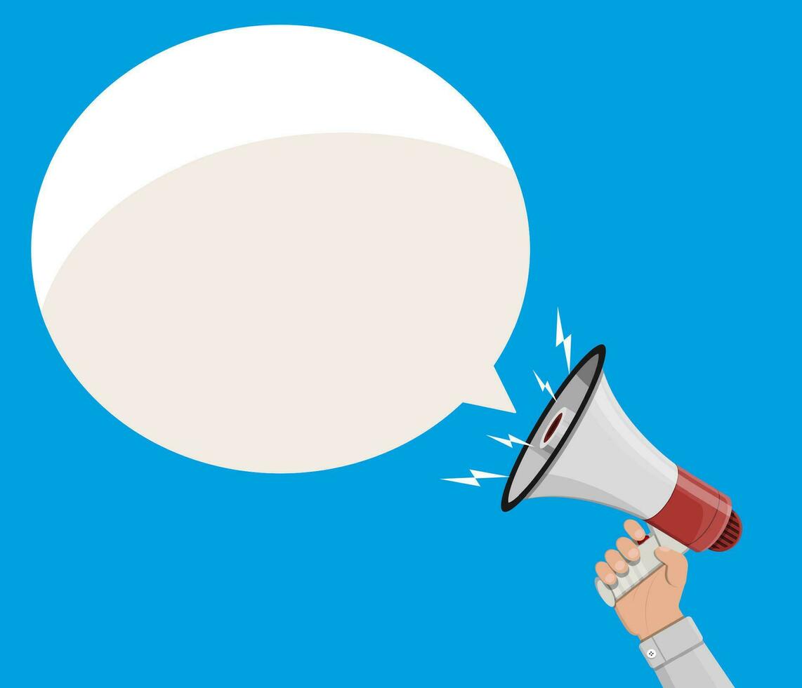 Loudspeaker or megaphone in hand and speech balloon. Announcement element. Vector illustration in flat style