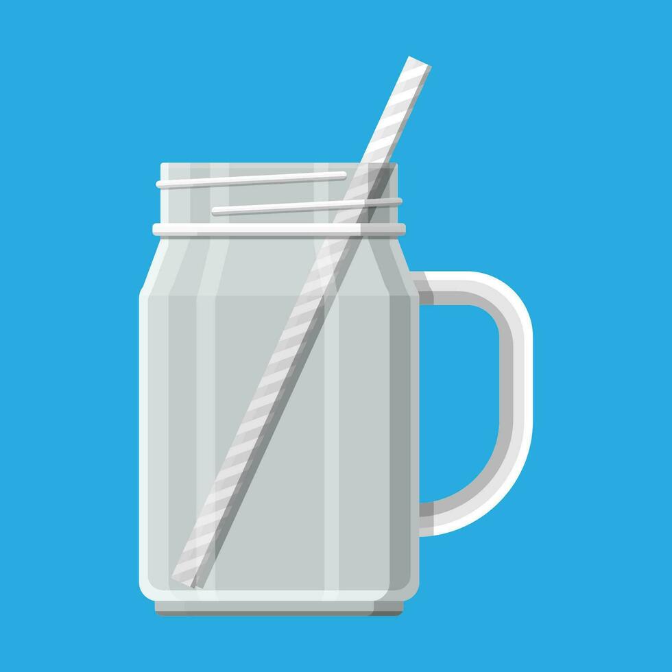 Empty jar for smoothies with striped straw. Glass for cocktails with handle. Without transparency. Vector illustration in flat style