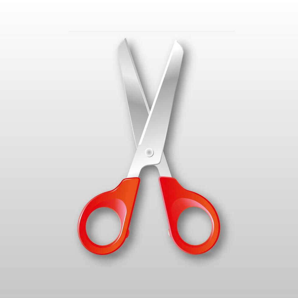 Realistic Steel silver scissors with red plastic handles with shadow isolated on white background. vector illustration