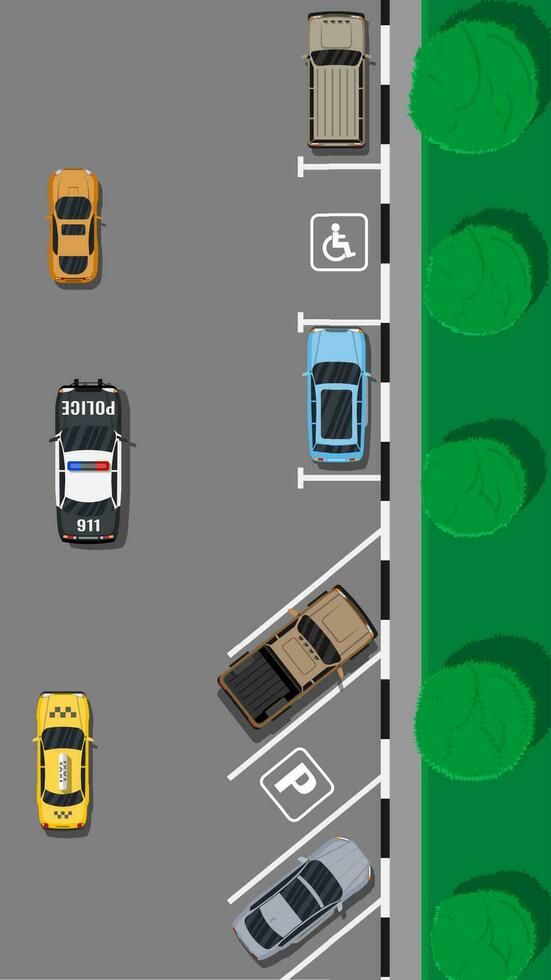 ciudad estacionamiento lote con diferente carros. escasez estacionamiento espacios. estacionamiento zona parte superior ver con varios vehículos sedán, coche de turismo, todoterreno, deporte auto, levantar. vector ilustración en plano estilo