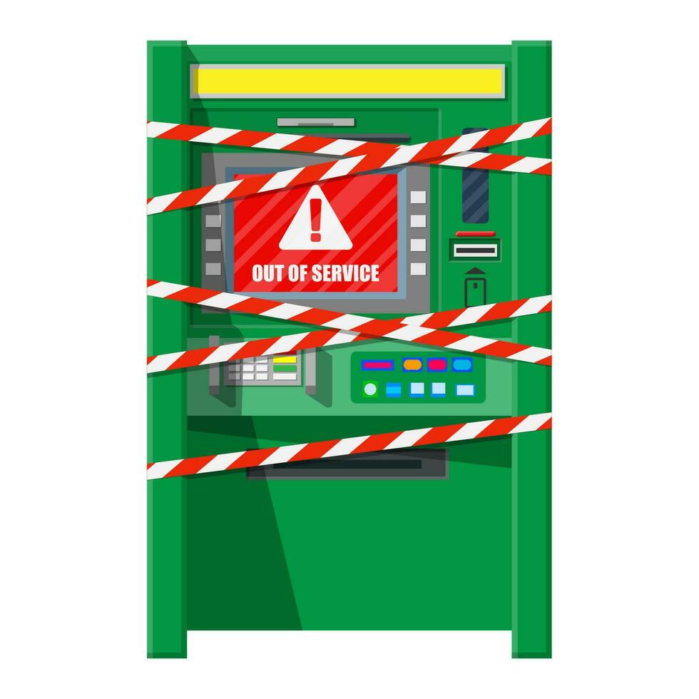 Broken bank ATM with red-white ribbon. Out of service or robbery. Automatic teller machine. Program electronic device for payment and withdraw cash from plastic card. Vector illustration in flat style