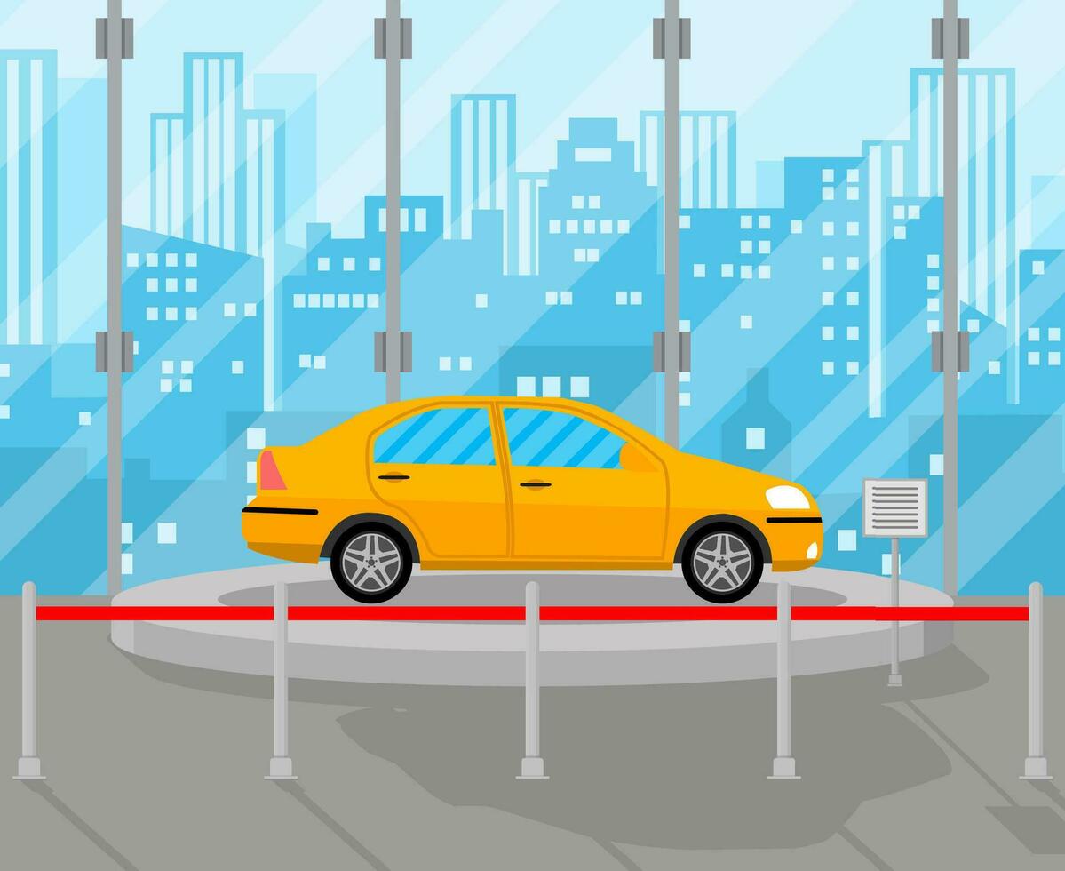 Exhibition Pavilion, showroom or dealership with yellow car, vector illustration in flat style.