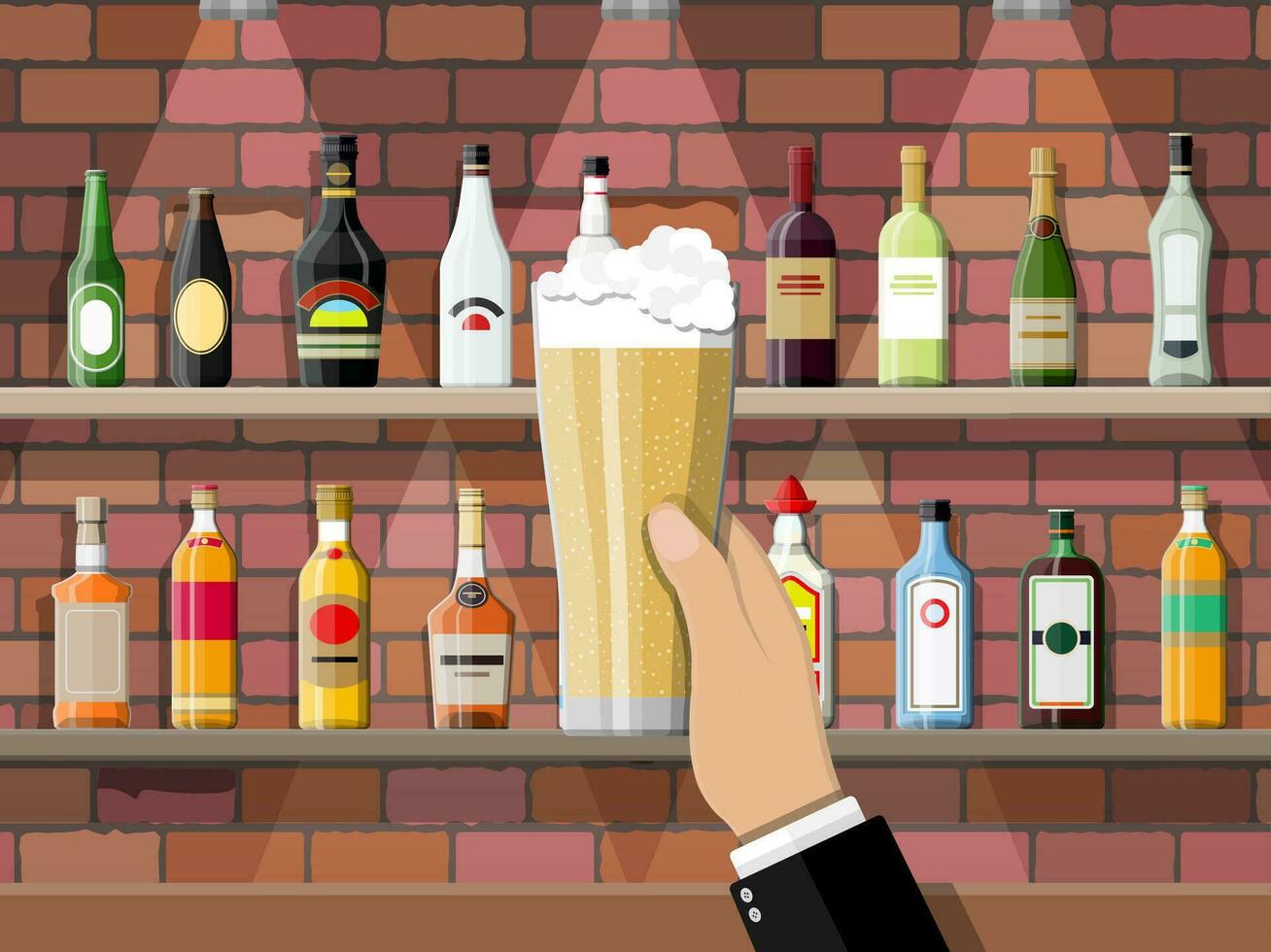 Drinking establishment. Hand with glass of beer. Interior of pub, cafe or bar. Bar counter, shelves with alcohol bottles. Glasses and lamp. Vector illustration in flat style.
