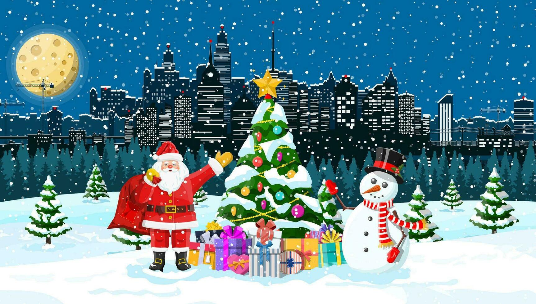 Papa Noel claus con muñeco de nieve. Navidad invierno paisaje urbano, copos de nieve y arboles contento nuevo año decoración. alegre Navidad día festivo. nuevo año y Navidad celebracion. vector ilustración plano estilo