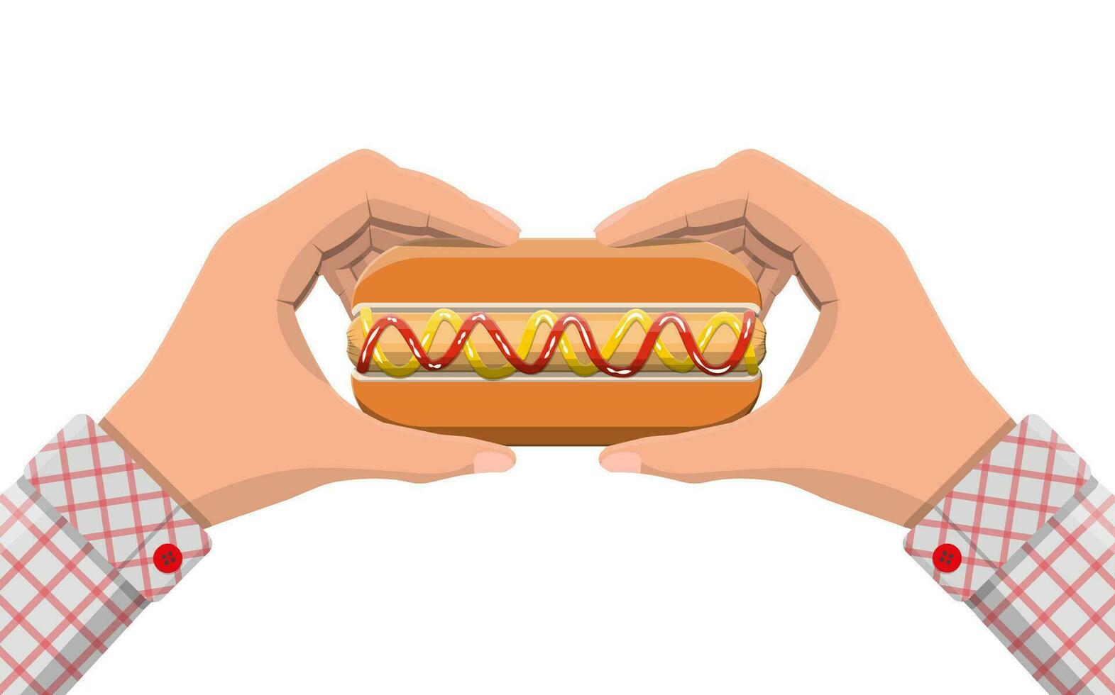 Hotdog in hands. Sausage with bun, mustard and ketchup. Fast food concept. Vector illustration in flat style
