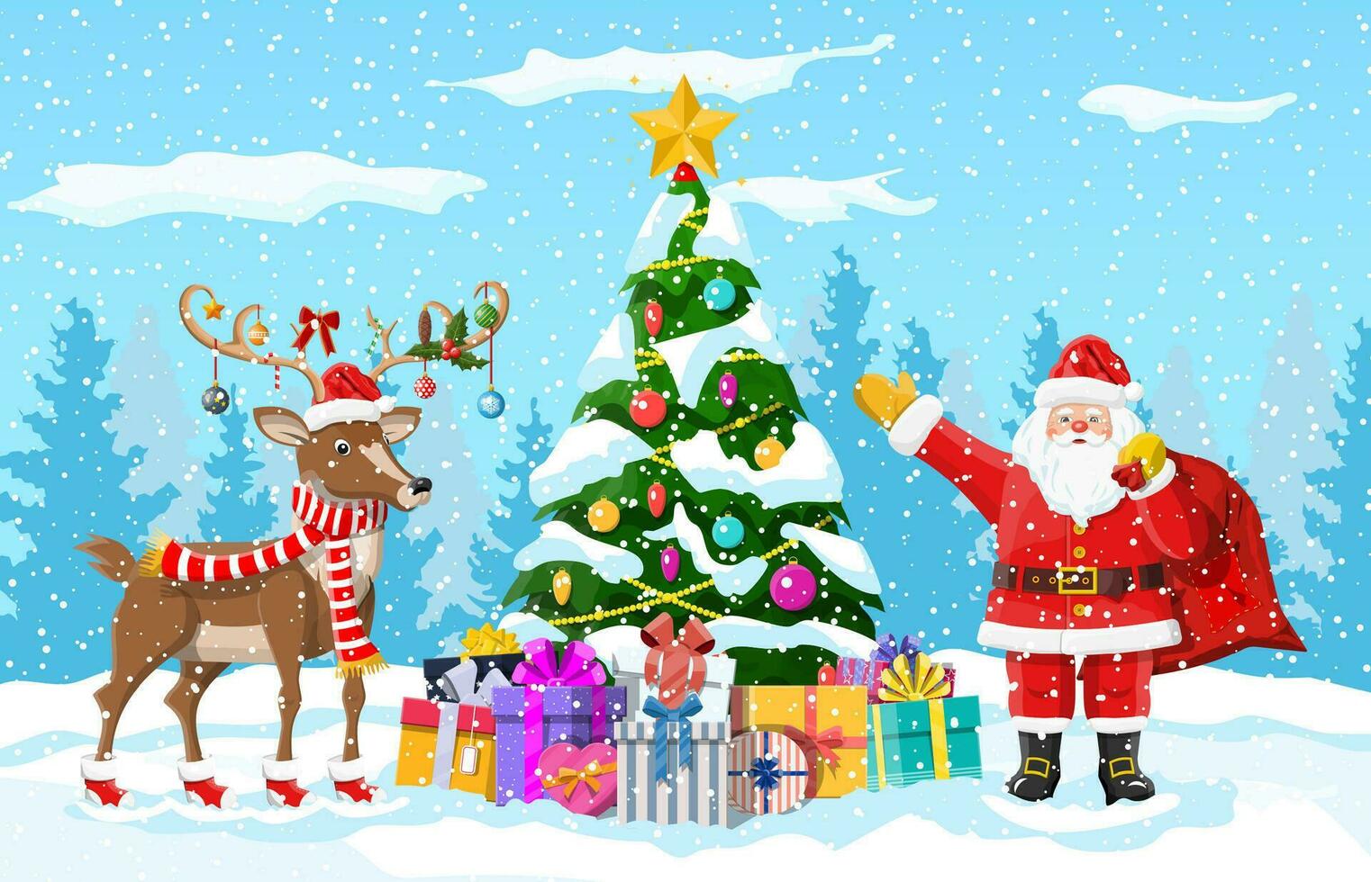 Christmas tree background. Santa claus with reindeer. Winter landscape with fir trees forest and snowing. Happy new year celebration. New year xmas holiday. Vector illustration flat style