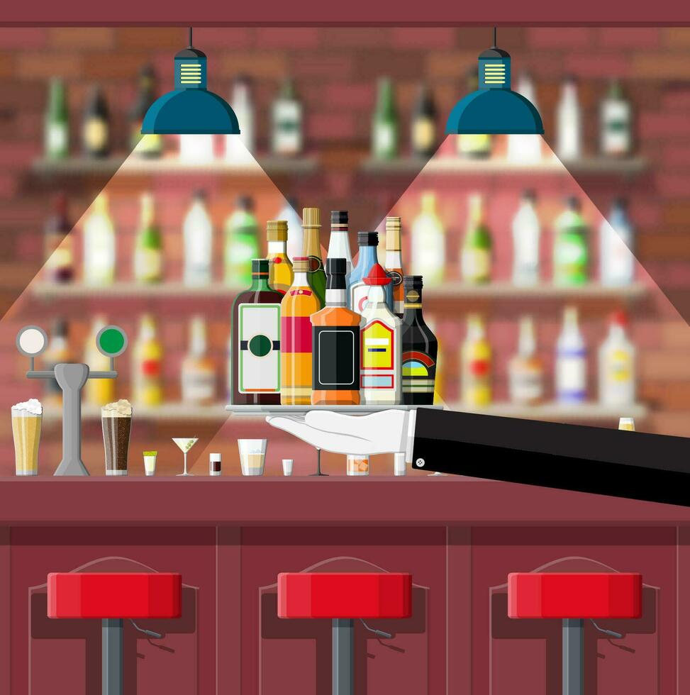 Drinking establishment. Interior of pub, cafe or bar. Bar counter, chairs and shelves with alcohol bottles. Glasses, lamp. Wooden decor. Vector illustration in flat style