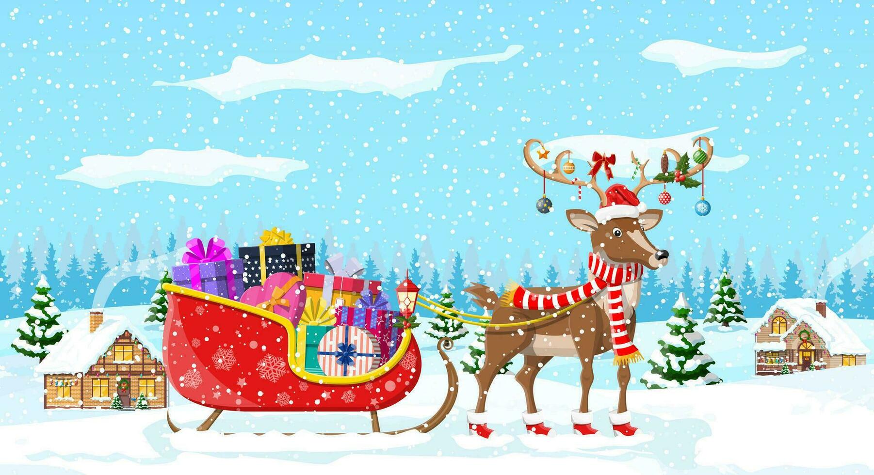 suburbano casa cubierto nieve. edificio en fiesta ornamento. Navidad paisaje árbol, bosque, regalo trineo reno. nuevo año decoración. alegre Navidad fiesta Navidad celebracion. vector ilustración