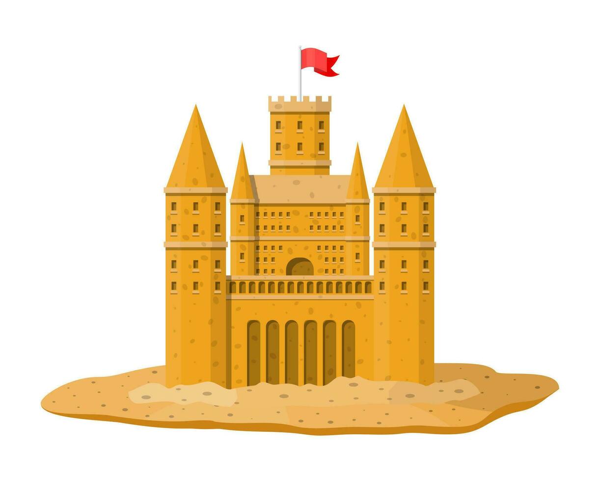 arena castillo. castillo de arena hecho a mano escultura. fortaleza con torres fuerte con puertas y bandera. niños niños ocio divertido juego. niños patio de juegos. vector ilustración en plano estilo