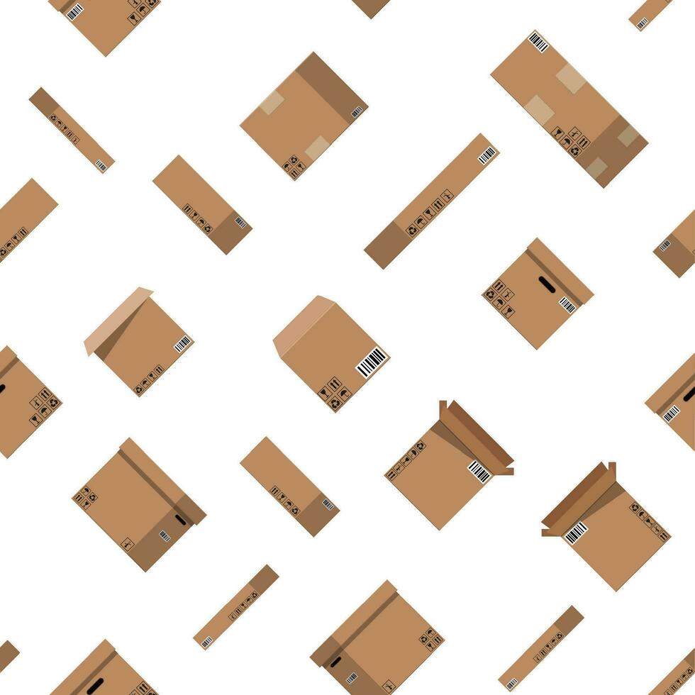 Seamless cardboard boxes set pattern. Carton delivery packaging open and closed box with fragile signs. Vector illustration in flat style