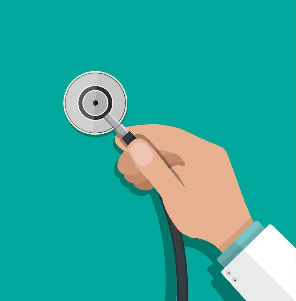 Medical stethoscope or phonendoscope in hand of doctor. Medical equipment. Healthcare. Vector illustration in flat style