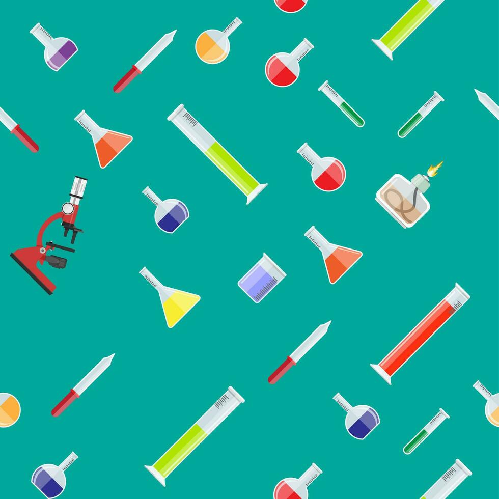 Seamless laboratory equipment pattern. Jars, beakers, flasks, microscope, spirit lamp, pipette. Biology science education medical. Vector illustration in flat style