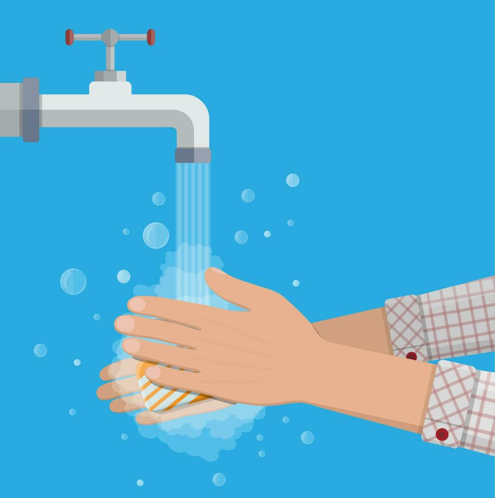 Hands under falling water out of tap. Man washes hands with soap, hygiene. Vector illustration in flat style