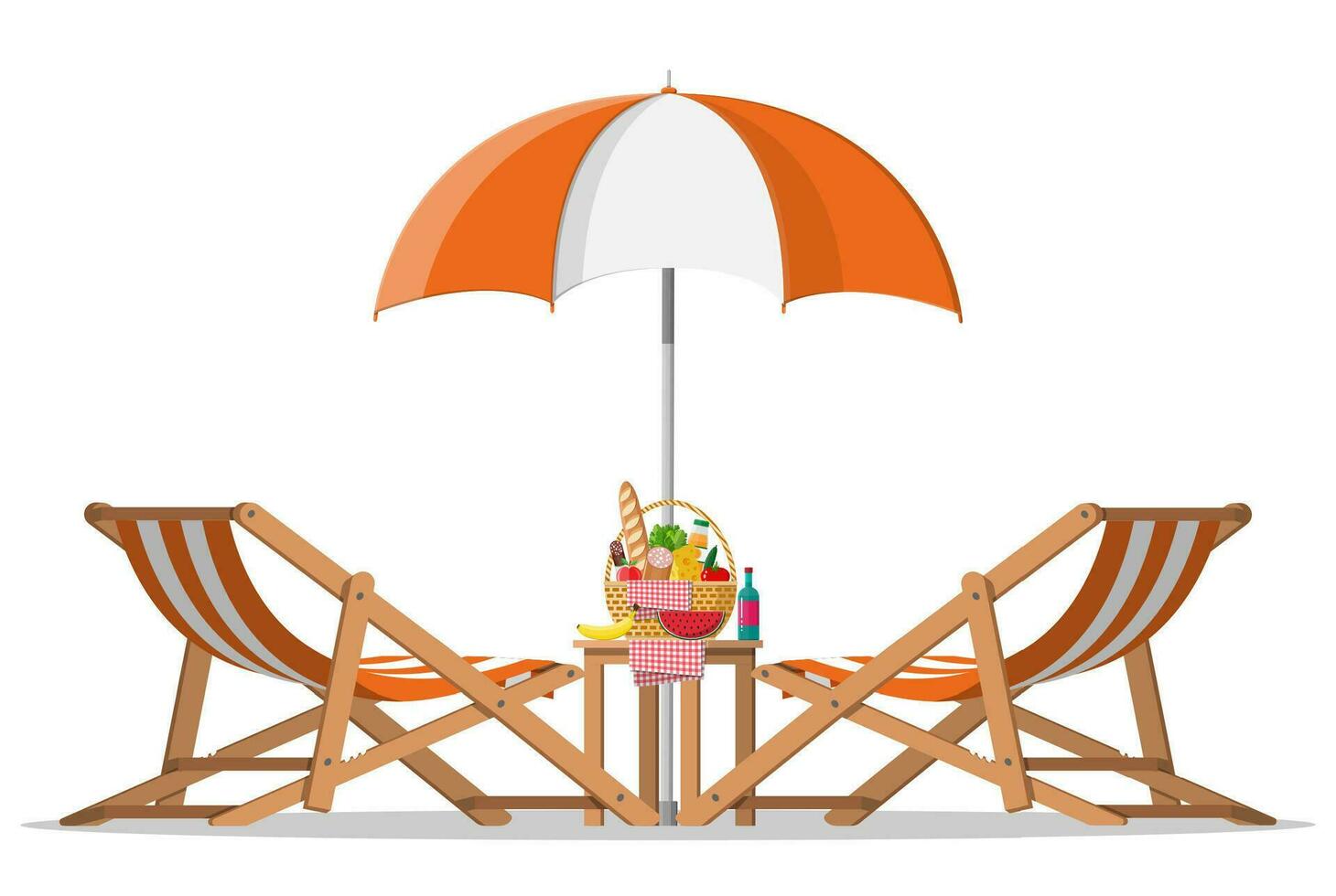 Sun lounger, umbrella, table with wIcker picnic basket full of products, wine, sausage, bacon and cheese, apple, tomato, cucumber, salad juice. Picnic in nature. Vector illustration in flat style