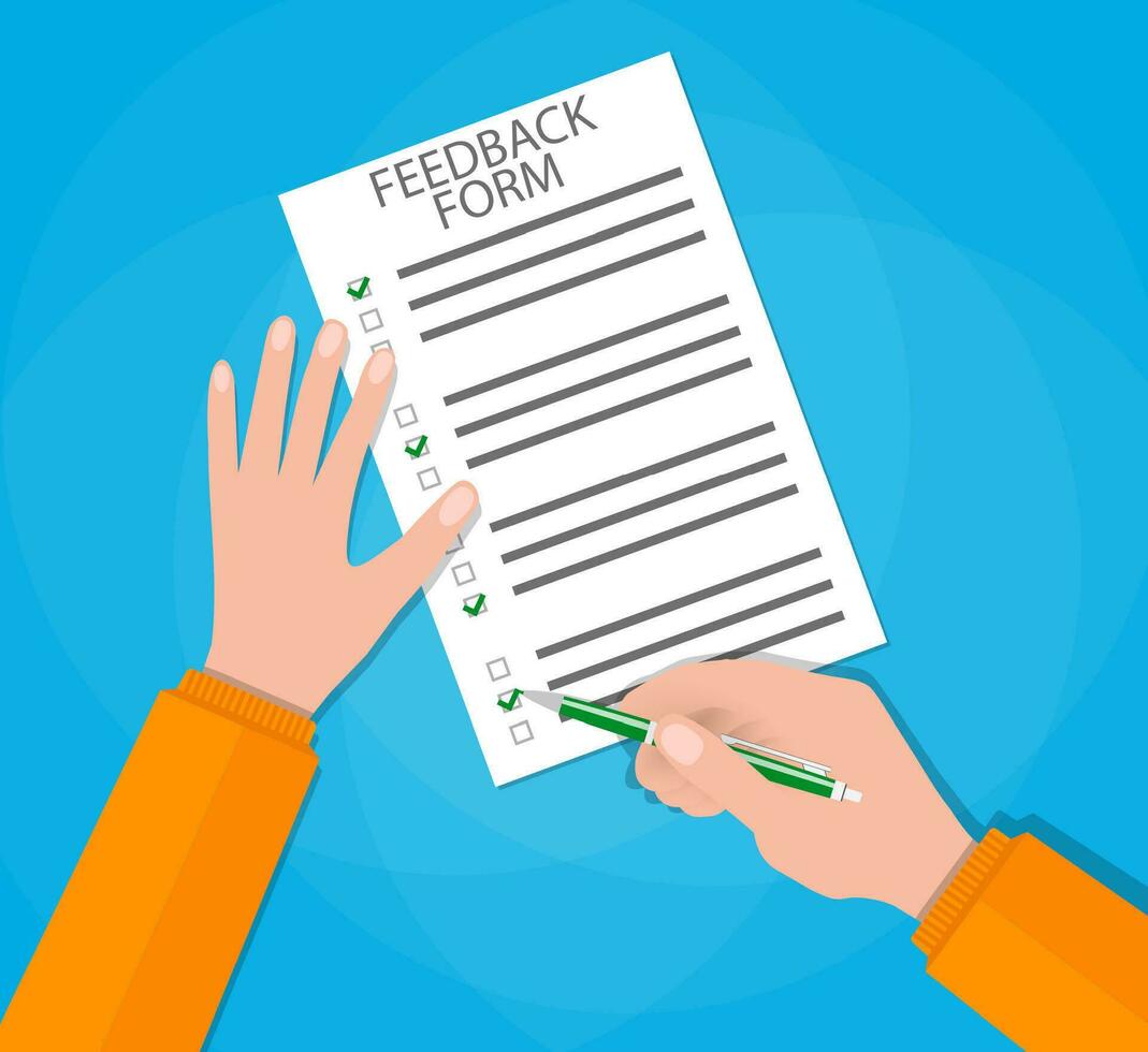 Hand holding customer survey paper and pencil. feedback concept, customer service, quality control. vector illustration in Flat style on blue background