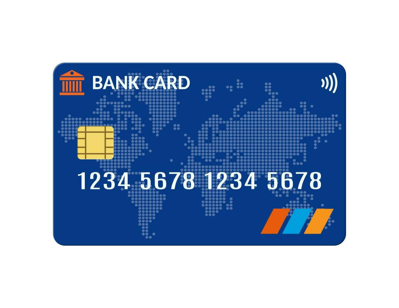 banco tarjeta, crédito tarjeta modelo. mundo mapa en azul antecedentes. moderno pago sistema con chip y sin contacto pago símbolo. vector ilustración en plano estilo