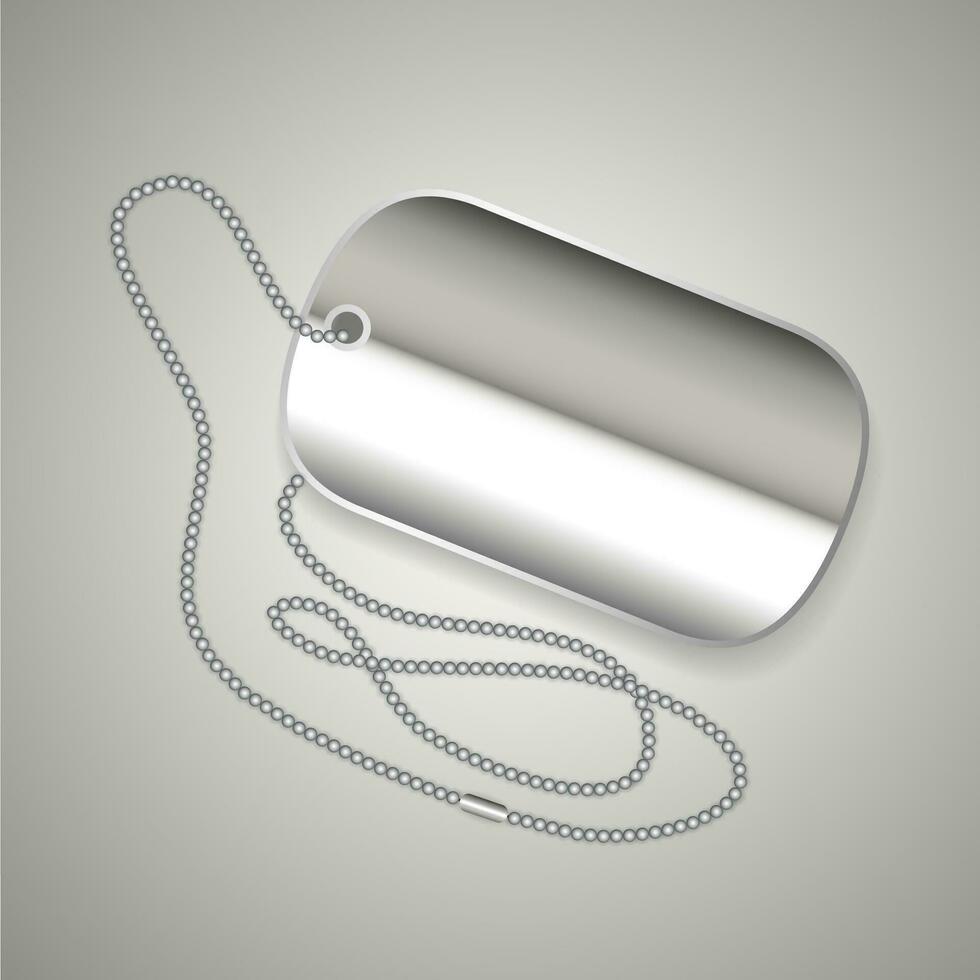 Realistic metal dog tag and chain on grey background with shadow. vector illustration