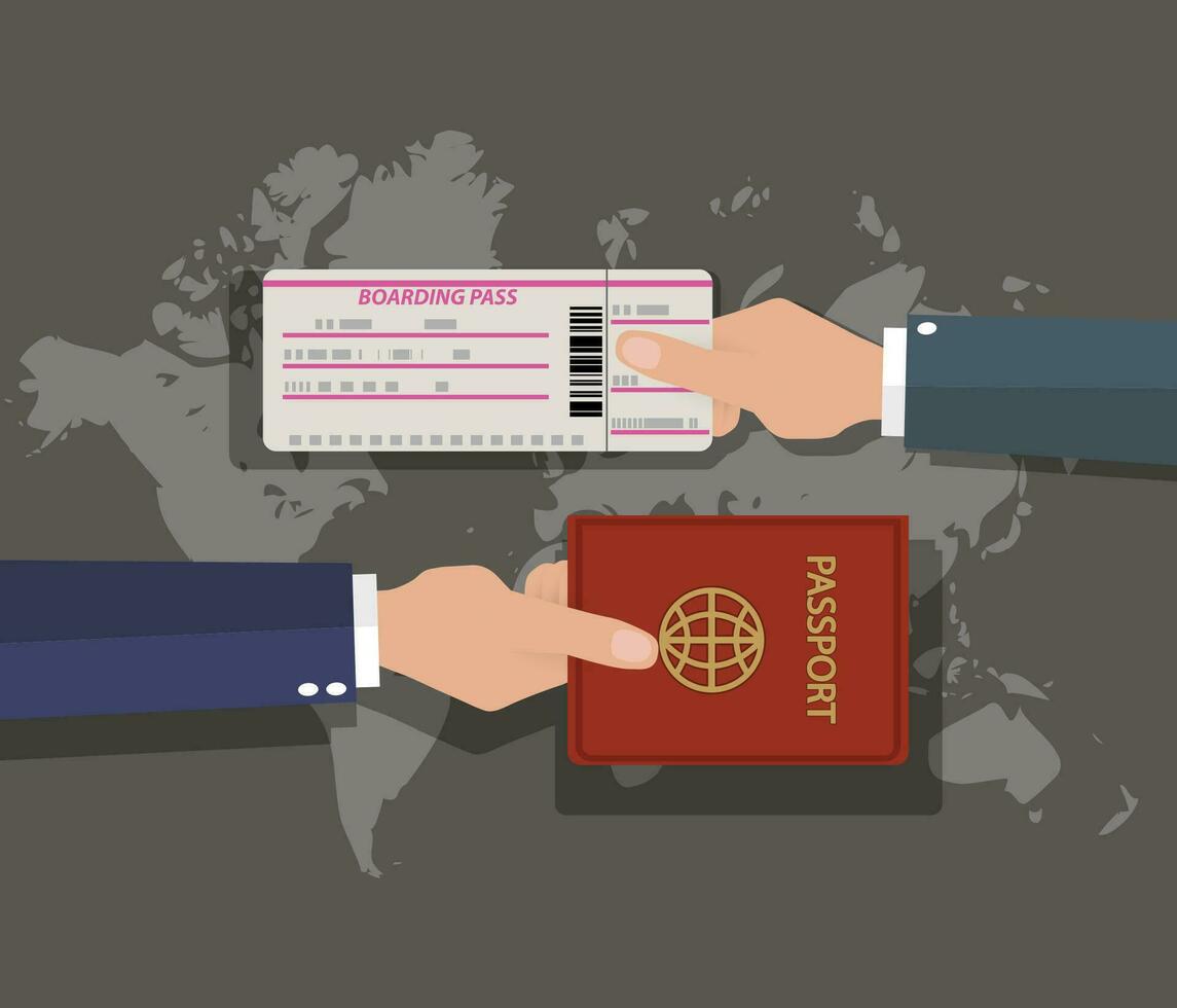 pasaporte con embarque pasar en mundo mapa antecedentes. vector ilustración en plano diseño