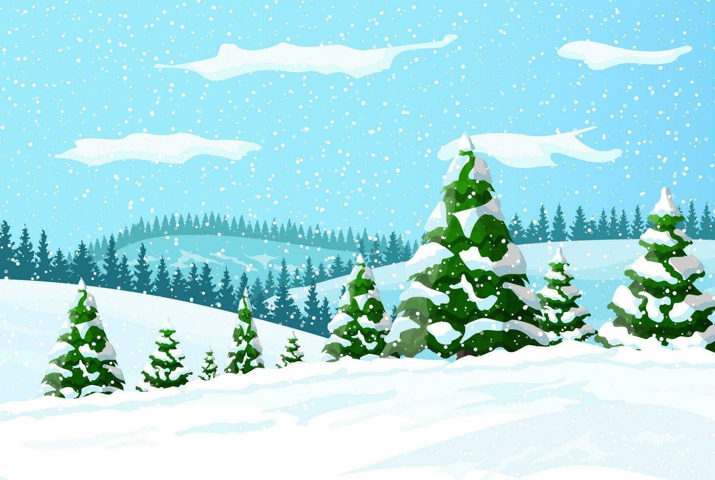 Winter landscape with white pine trees on snow hill. Christmas landscape with fir trees forest and snowing. Happy new year celebration. New year xmas holiday. Vector illustration flat style