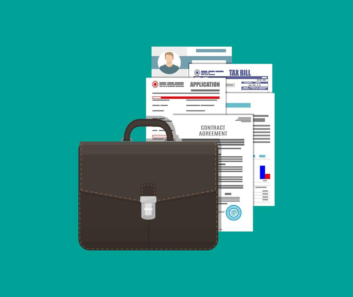 Leather business briefcase and pile of various documents sheet. Office contracts, agreements, reports. Bag of lawyer with docs and forms. Vector illustration in flat style