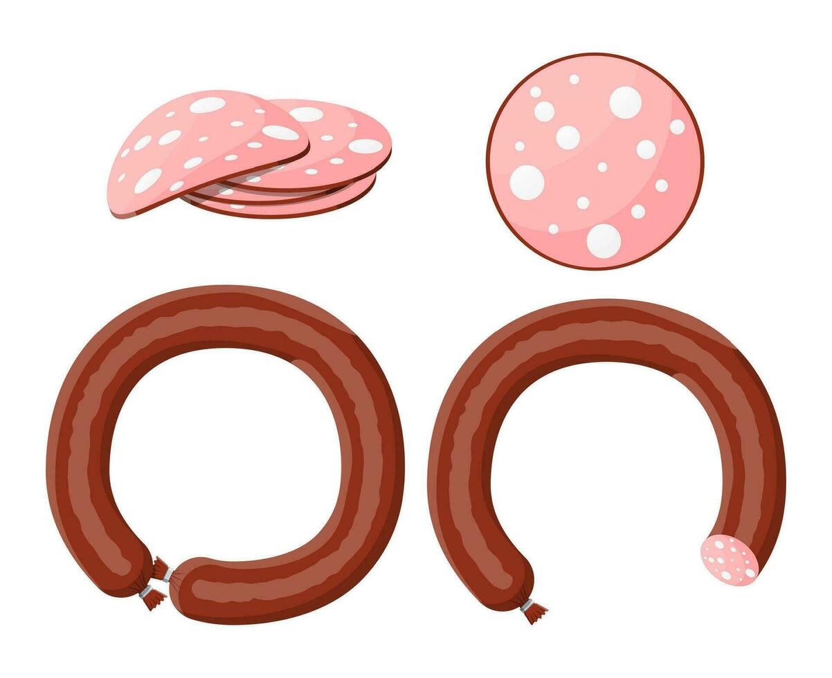 Sausage, cut sausage slices with fat. vector