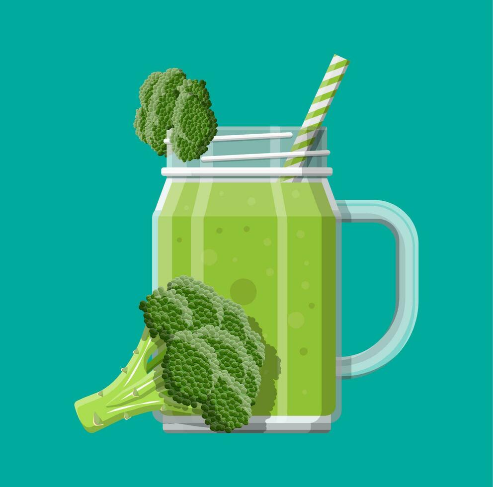 Jar with broccoli smoothie with striped straw. vector