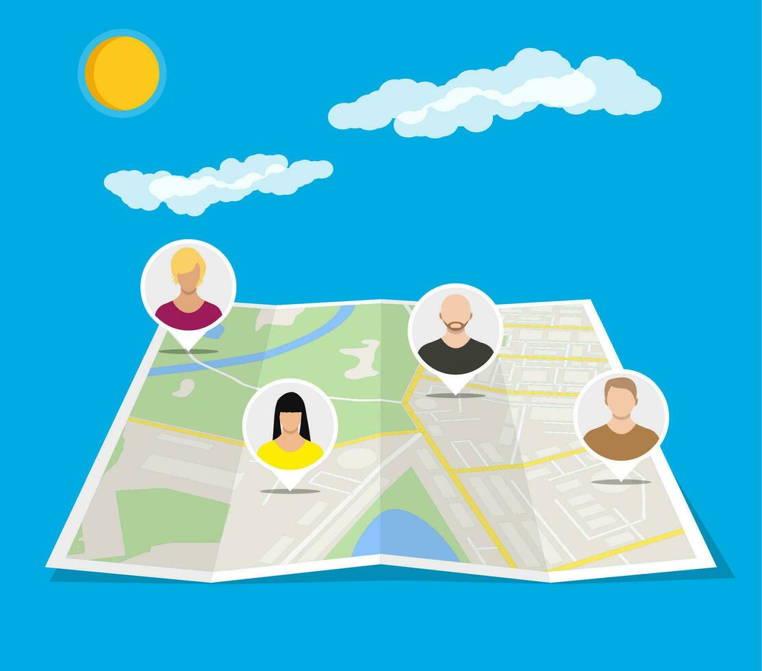 Paper city map with people avatars. Social netwroking. Male and female faces avatars. Discussion group, people talking. Communication, chat, assistance. Vector illustration in flat style