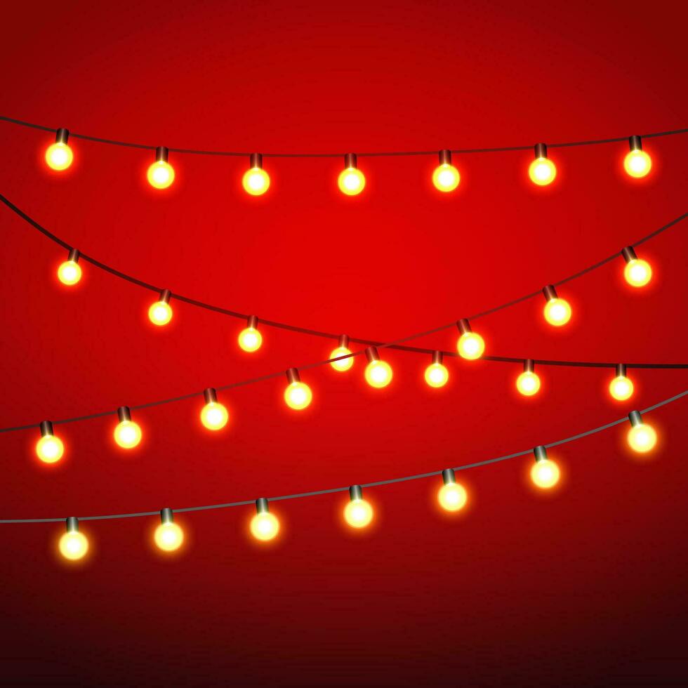 Warm yellow Lights bulb at black strings on red background. template for greeting or postal card, vector illustration