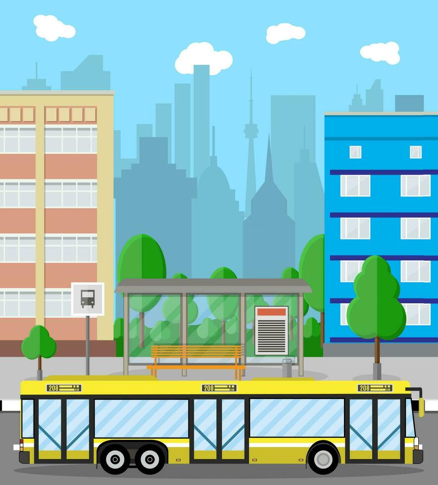 Bus stop with city background. road, trees, bus stop and bus, sign and trash bin, sky with clouds. Vector illustration in flat design