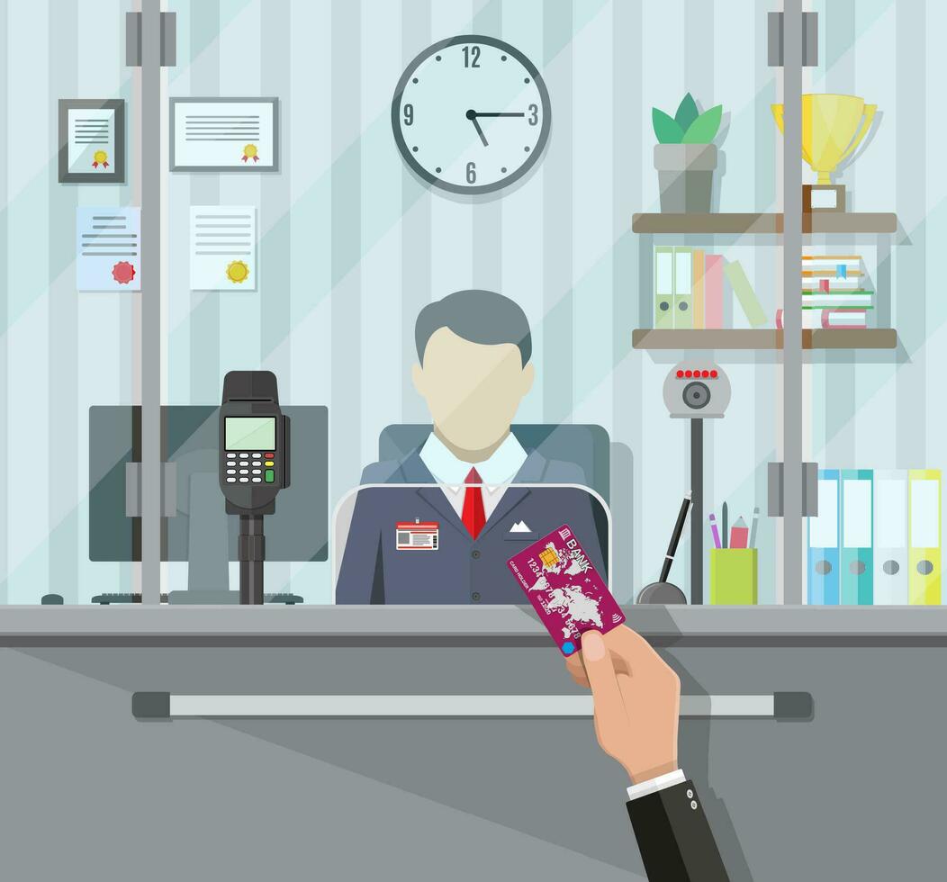 Bank teller behind window. Hand with bank card. Books, cup, plant, clocks, computer and keypad terminal. Depositing money in bank account. People service and payment. Vector illustration in flat style