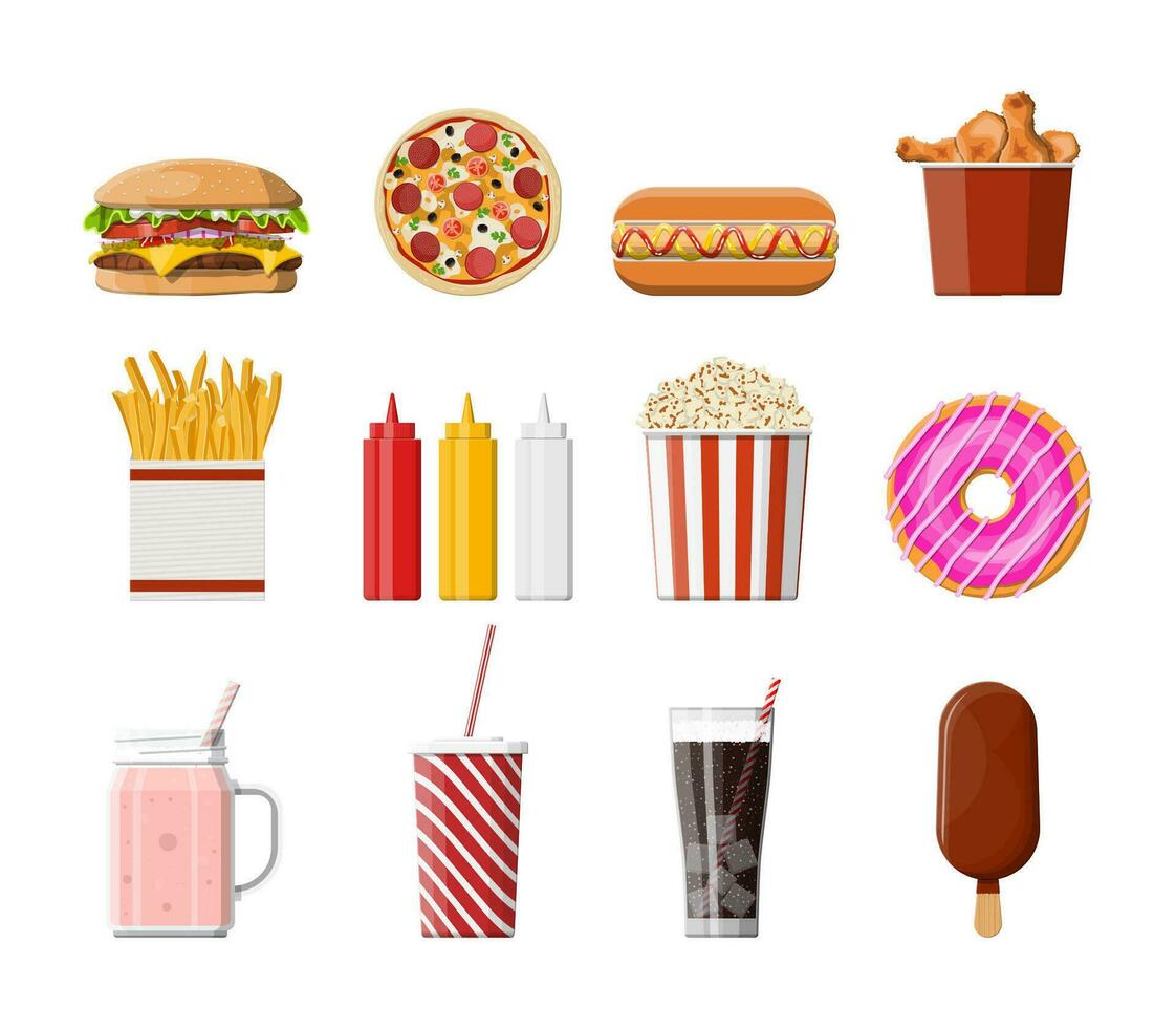 Fast food icons set. Burger, pizza, hotdog, fried chicken, fries, popcorn, donut, milk cocktail cola soda, ice cream, paper glass and bottles with sauces. Fastfood. Vector illustration in flat style