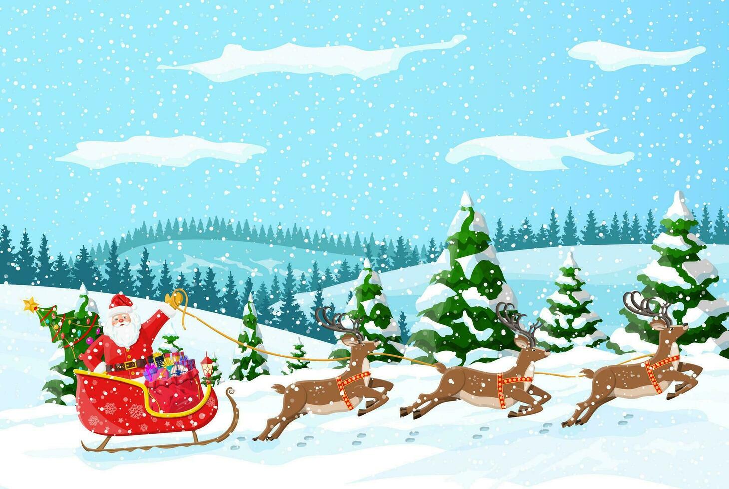 Christmas background. Santa claus rides reindeer sleigh. Winter landscape with fir trees forest and snowing. Happy new year celebration. New year xmas holiday. Vector illustration flat style