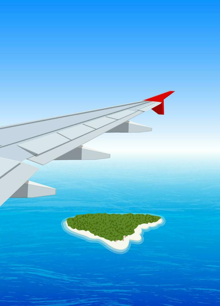 ver de ala de aeronave en cielo. tropical isla con palma árbol en océano. aire viaje o vacaciones concepto. vector ilustración en plano estilo